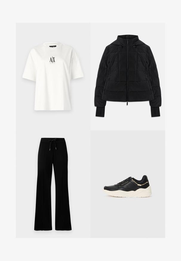 Fekete steppelt dzseki kapucnival, elülső cipzárral, állítható húzózsinórokkal és hüvelykujjnak kialakított mandzsettákkal a hosszú ujjú részen.; Fehér pamut póló, rövid ujjal, laza szabással és fekete logónyomattal az elülső középen. Simaság jellemzi, további minták nélkül.; Fekete, bő lábú melegítőnadrág, befestett derékkal, oldalsó hasítékokkal, puha anyagból készült, letisztult dizájnnal.; Fekete bőr sneaker, vastag krém színű talppal, arany színű lánc díszítéssel és fekete fűzőkkel. Simára megmunkált felület, oldalt domború logóval.