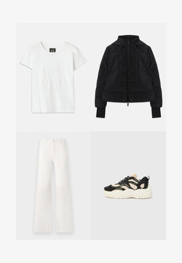 Čierna prešívaná bunda s kapucňou, predným zipsom, nastaviteľnými šnúrkami a manžetami s otvorom pre palec na dlhých rukávoch.; Biela bavlnená tričko s krátkymi rukávmi, s vystúpeným logom "AX" na prednej strane a textom "ARMANI EXCHANGE" pod ním v subtílnom dizajne.; Biele, vysoko pásové široké nohavice vyrobené z denimu. Obsahujú gombíkovú zatváranie, dve predné vrecká a bočné švy s detailmi šitia.; Čierne a krémové tenisky so štruktúrovanou podrážkou, sieťovinovými panelmi a značkovými akcentmi. Okrúhla špička a šnurovací dizajn. Nastaviteľná pätná časť.