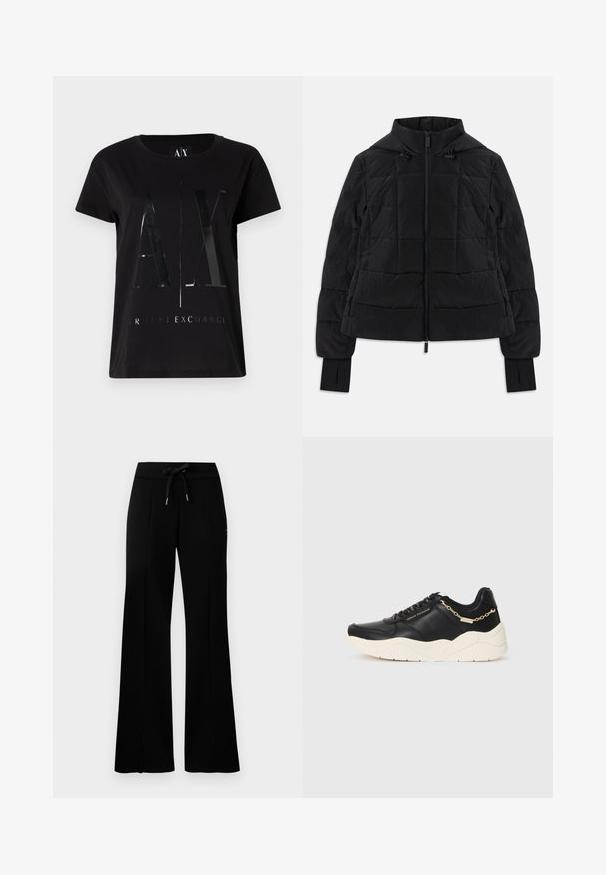 Mustapintainen tikattu takki hupun kanssa, etuvetoketju, säädettävät nyörit ja peukalonrei'illä varustetut pitkät hihat.; Mustat puuvillaiset t-paidat, joissa on lyhyet hihat, keskellä kiiltävä suuri "AX"-logo ja "ARMANI EXCHANGE" -teksti.; Mustat leveälahkeiset collegehousut, joissa on kiristysnauha vyötäröllä, sivuvetoketjut, pehmeä kangas ja tyylikäs muotoilu.; Musta nahkakengät, joissa on paksu kermaisa pohja, kultasävytteinen ketjuakseli ja mustat nauhat. Sileä pinta ja kohokuvioitu brändäys sivulla.