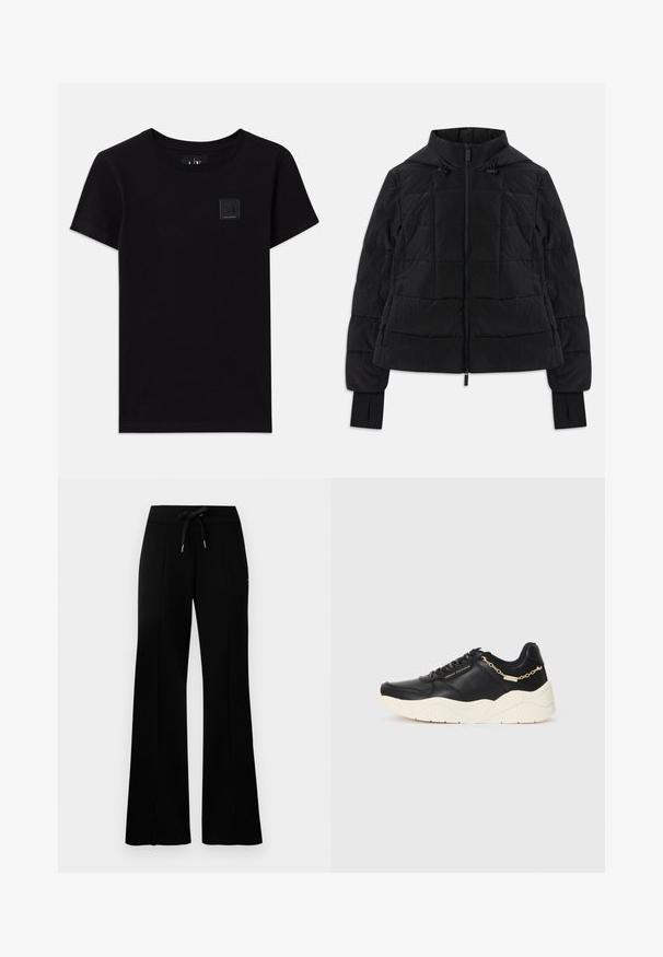 Melnā izšūtā jaka ar kapuci, priekšējo rāvējslēdzēju, regulējamiem aukliņiem un atverēm īkšķiem garajās piedurknēs.; Melna kokvilnas T-krekls ar apaļu kakla izgriezumu un īsām piedurknēm. Priekšpusē ir neliels taisnstūrveida logotipa uzlīme.; Melnas platās svārku bikses ar sašūtu jostu, sānu iegriezumiem, mīkstu audumu un glītu dizainu.; Melnas ādas skriešanas kurpes ar masīvu krēmu krāsas zoli, zeltainu ķēdes akcentu un melnām šņorēm. Gluda tekstūra ar iepriekš iespiestu zīmolu uz sāniem.