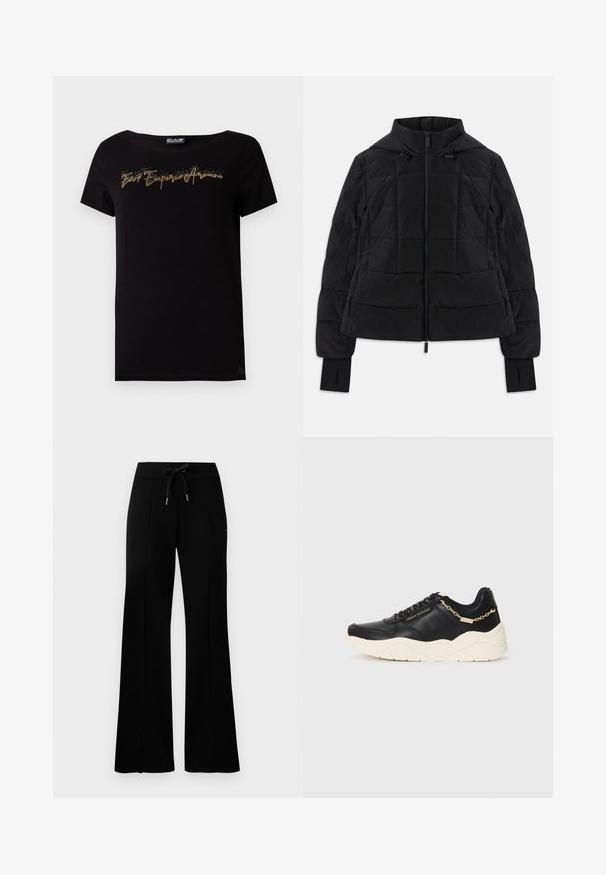 Svart quilted jakke med hette, frontlomme, justerbare snorer og tommelhull på lange ermer.; Svart bomulls-t-skjorte med rund halsåpning. Fronten har gullglittertekst i en kursiv stil. Korte ermer og en avslappet passform.; Svart vid bukse med snøring i midjen, sidelommer, myk stoff og et elegant design.; Svarte lærersneakers med en kraftig kremfarget såle, gullfarget kjedeaccent og svarte snøring. Glatt tekstur med preget merkevare på siden.