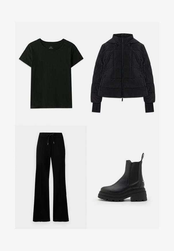 Must mustriga jakk kapuutsiga, esimeses tõmblukuga, reguleeritavad tõmblukud ja pikkade varrukate mansetid, millel on sõrmeauk.; Must have lühikeste varrukatega must T-särk, mis on valmistatud puuvillast. Omab ümarat kaelaauku ja sissepressitud "Armani Exchange" teksti õlavarre pikkuses. Lihtne disain.; Musthave laiad mustan värvi dressipüksid, millel on reguleeritav vöökoht, külgedel lõhikud, pehme kangas ja elegantne disain.; Mustad mustad tumed nahast Chelseas kingad, millel on elastsed külgpaneelid, paks ja sooniline kummitald ning tagaküljel tõmberaam.