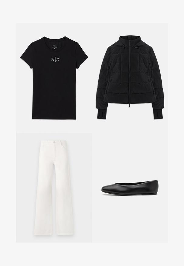 Sort quiltet jakke med hætte, frontlynlås, justerbare snore og tommelhulskanter på lange ærmer.; Sort kortærmet Armani Exchange T-shirt med rund halsudskæring og lille hvid "A|X" logo centreret på brystet.; Hvide, højtaljede bukser med bred ben lavet af denim. Har en knaplukning, to forlommer og sidesømme med syningsdetaljer.; Paul Smith TOPANGA - Ballerinasko - black