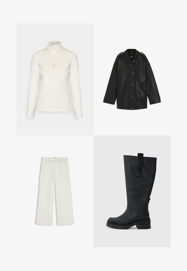 Black leather jacket featuring a wide collar, snap button closure, and side pockets. Details include shoulder epaulettes and visible stitching.; Spyder SHIMMER BUG 1/2 ZIP - Fleece jumper - vanilla latte; Wide-leg pants in light cream fabric, featuring side pockets, a flat front, and a single button closure at the waist. Smooth texture.; Black knee-high rubber boots with a chunky sole, textured grip, and a fabric pull tab at the top for easy wear. Smooth, matte finish.