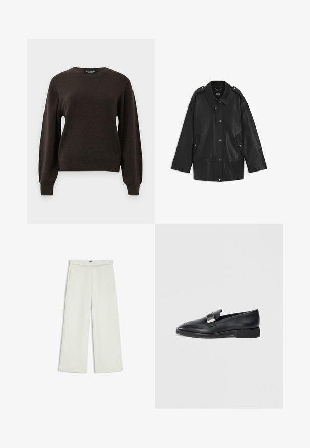 Veste en cuir noir avec un large col, fermeture à boutons-pression et poches latérales. Les détails incluent des épaulettes et une couture visible.; Pull en maille marron foncé à manches longues et col rond, avec des poignets et un ourlet côtelés, présenté sur un fond gris clair uni.; Pantalons à jambes larges en tissu crème clair, dotés de poches latérales, d'un devant plat et d'une fermeture à un bouton à la taille. Texture lisse.; Mocassin en cuir noir avec une boucle rectangulaire en argent sur le dessus et un petit talon, sur fond blanc.