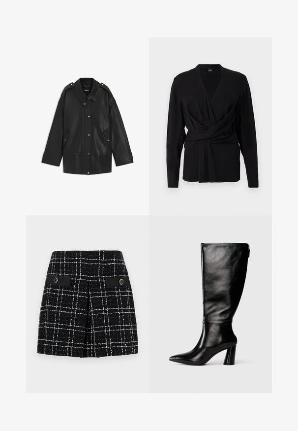 Svart läderjacka med en bred krage, tryckknappsstängning och sidofickor. Detaljer inkluderar axelremmar och synlig sömnad.; Svart wrap-top i mjukt tyg, med långa ärmar, v-ringning och en knytrem som betonar midjan. Slät textur.; Svart och vit rutig kjol tillverkad av strukturerad tyg, med två framfickor med svarta accenter och cirkulär guldfärgad detalj.; Knä-höga svarta läderstövlar med spetsig tå, slät yta och kraftig klack. Har en dragkedjedetalj på baksidan.