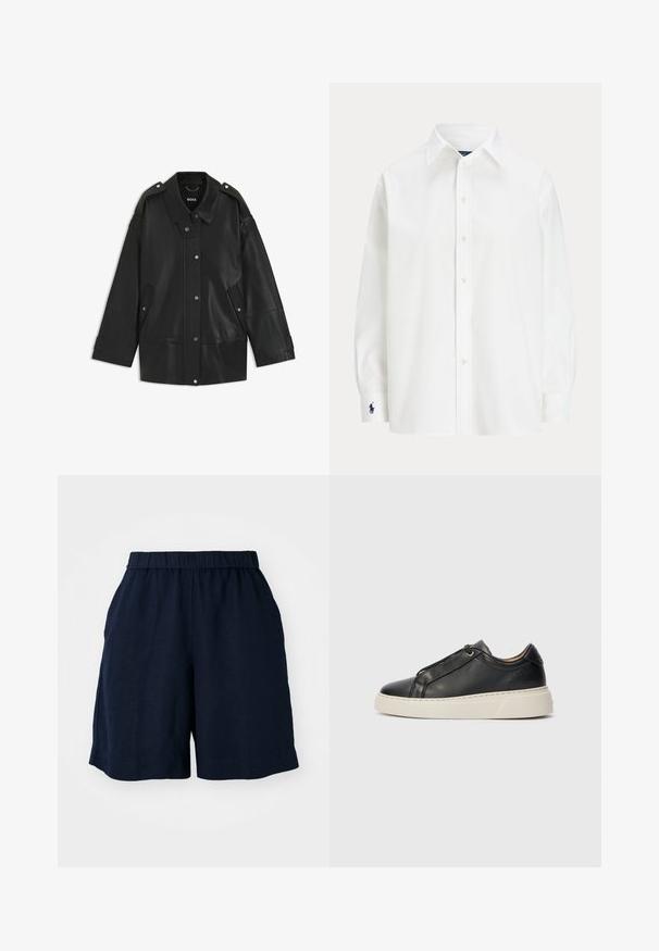 Giacca di pelle nera con colletto ampio, chiusura a bottoni a pressione e tasche laterali. I dettagli includono spalline e cuciture in vista.; Camicia bianca con maniche lunghe, colletto classico e un piccolo logo blu sul polsino. Tessuto di cotone liscio, vestibilità strutturata.; Pantaloni corti blu navy con cintura elastica, realizzati in un tessuto leggero. Presentano una vestibilità comoda e tasche laterali per funzionalità.; Sneaker in pelle nera a basso profilo con suola spessa bianca, design con lacci e dettagli di cucitura minimi su uno sfondo chiaro.