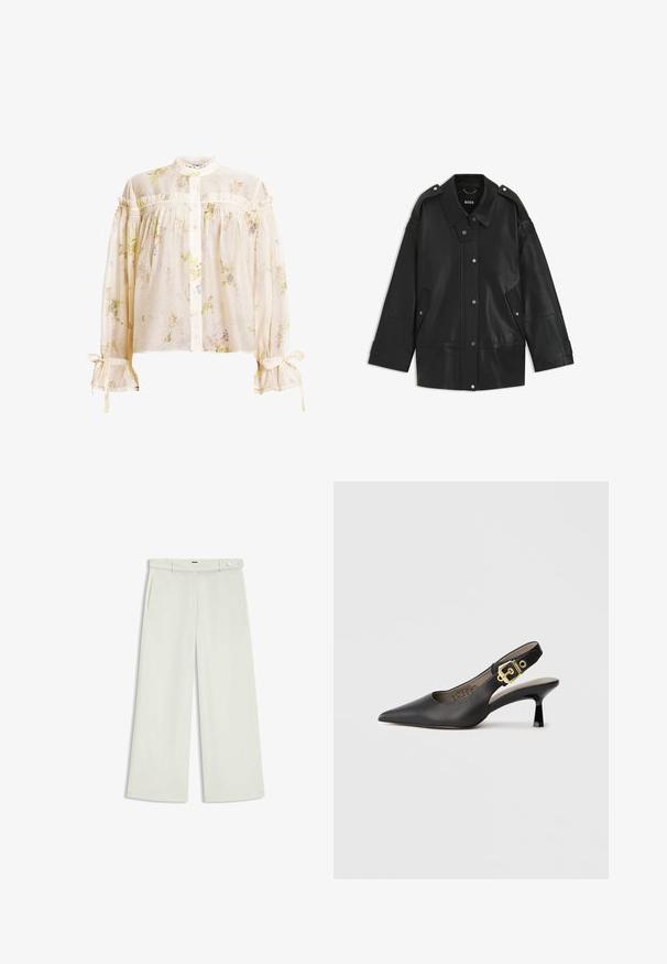 Schwarze Lederjacke mit breitem Kragen, Druckknopfverschluss und seitlichen Taschen. Details umfassen Schulterklappen und sichtbare Nähte.; Bluse mit floralem Muster in Cremefarbe aus leichtem Stoff. Verfügt über einen hohen Kragen, Rüschendetails und geraffte Ärmel mit Bindebändern.; Weite Hose aus zartem Creme-Stoff, mit seitlichen Taschen, flatem Bund und einer Knopfverschluss an der Taille. Glatte Textur.; Schwarzer Slingback-Highheel mit einer spitzen Zehe, glattem Ledertextur und einem goldfarbenen Schnallendetail am Riemen.