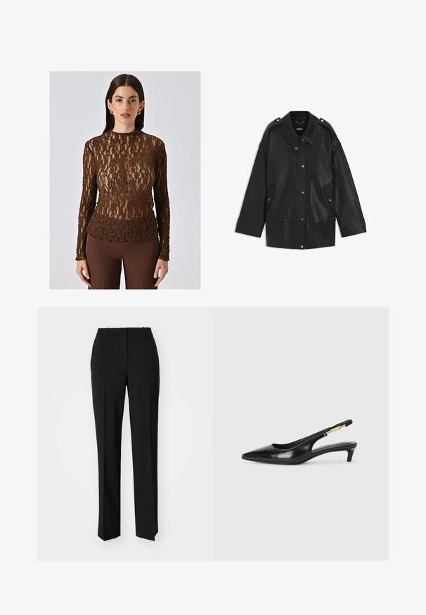 Schwarze Lederjacke mit breitem Kragen, Druckknopfverschluss und seitlichen Taschen. Details umfassen Schulterklappen und sichtbare Nähte.; Braunes Spitzenoberteil mit langen Ärmeln und höherem Kragen, das ein strukturiertes Blumenmuster aufweist. Durchscheinender Stoff mit taillierter Silhouette.; Schwarze, taillierte Hose mit geradem Bein, aus einem glatten Stoff und mit klaren Falten an der Vorderseite. Keine sichtbare Hardware.; Schwarze Leder-Slingback-Pumps mit spitzem Schuhblatt, ausgestattet mit einem schlanken Absatz und einem goldfarbigen Akzent am verstellbaren Riemen. Glatte Textur.