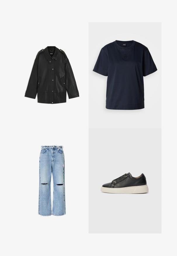 Svart läderjacka med en bred krage, tryckknappsstängning och sidofickor. Detaljer inkluderar axelremmar och synlig sömnad.; Marinblå t-shirt med kort ärm, tillverkad av mjuk bomull. Har en rundad halsringning och en subtil broderad logotyp på bröstet.; Ljusblå denimjeans med bred benvidd, fransade fållar och två slitna knäöppningar, med en standard femficksdesign.; Svart lågskärmsläder sneaker med vit tjock sula, snördesign och minimala sömnadsdetaljer mot en enkel ljus bakgrund.