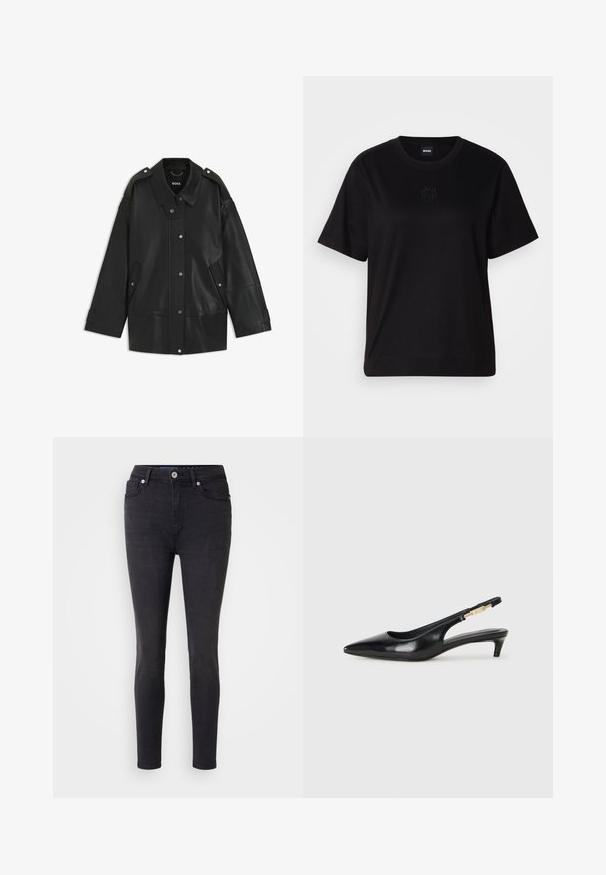 Chaqueta de cuero negro con un amplio cuello, cierre de botones a presión y bolsillos laterales. Los detalles incluyen hombreras y costuras visibles.; Camiseta de algodón negra con cuello redondo, mangas cortas y un logo bordado en el pecho. Ajuste simple y relajado sin patrones.; Jeans ajustados negros de mezclilla con un diseño clásico de cinco bolsillos, presentan un cierre de botón frontal y detalles de costura sutiles.; Tacones negros de piel sintética tipo slingback con punta afilada, que cuentan con un tacón delgado y un detalle en tono dorado en la correa ajustable. Textura suave.
