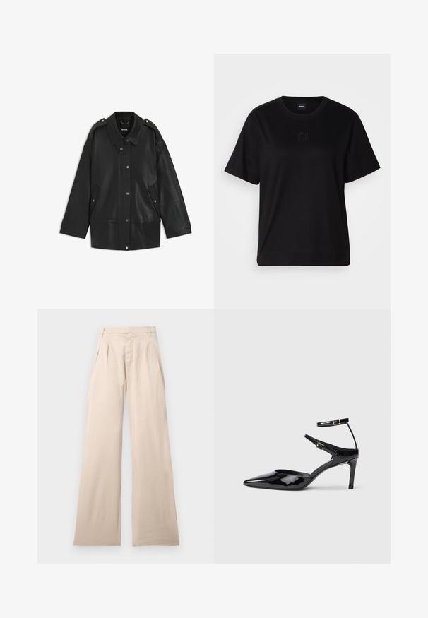 Black leather jacket featuring a wide collar, snap button closure, and side pockets. Details include shoulder epaulettes and visible stitching.; Black cotton t-shirt with a crew neckline, short sleeves, and an embroidered logo on the chest. Simple, relaxed fit with no patterns.; Beige wide-leg trousers made from cotton, featuring pleats at the front and a smooth texture. The design includes a standard waistband and no visible pattern.; Black patent leather heels with a pointed toe, adjustable ankle straps, and a slender heel. Smooth texture with a shiny finish.
