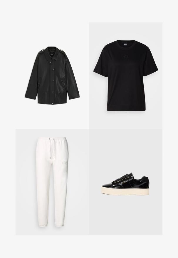 Zwarte leren jack met een brede kraag, drukknoopsluiting en zijvakken. Details zijn onder andere schouderepauletten en zichtbare stiksels.; Zwarte katoenen t-shirt met een ronde hals, korte mouwen en een geborduurd logo op de borst. Eenvoudige, comfortabele pasvorm zonder patronen.; Witte sweatpants van zacht materiaal, voorzien van een trekkoord in de taille en een geborduurd logo op de linker bovenbeen. Afnemende pootontwerp.; Zwarte patent leren sneakers met een platte crèmekleurige zool. Voorzien van zwarte veters, gouden oogjes en logodetail aan de zijkant. Rondneus ontwerp.