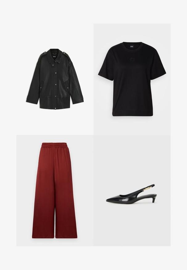 Zwarte leren jack met een brede kraag, drukknoopsluiting en zijvakken. Details zijn onder andere schouderepauletten en zichtbare stiksels.; Zwarte katoenen t-shirt met een ronde hals, korte mouwen en een geborduurd logo op de borst. Eenvoudige, comfortabele pasvorm zonder patronen.; High-washta broeken van een gladde stof in een diepe bordeauxkleur, met een elastische tailleband voor comfort en een vloeiende val.; Zwarte leren slingback hakken met een spitse neus, voorzien van een slanke hak en een goudkleurige accent op de verstelbare band. Gladde textuur.