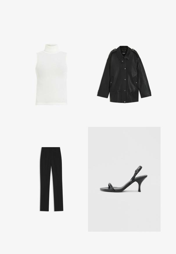 Black leather jacket featuring a wide collar, snap button closure, and side pockets. Details include shoulder epaulettes and visible stitching.; White sleeveless turtleneck top, ribbed texture, fitted design, straight hem, soft cotton blend fabric. No additional details or patterns.; Black tailored trousers with a straight-leg design, featuring front pockets and a smooth, textured fabric. Neat, minimal detailing.; Black leather high-heeled sandals with a slim, curved heel and a crossed strap design. Adjustable ankle strap. Smooth texture.