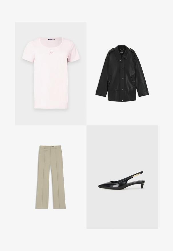 Schwarze Lederjacke mit breitem Kragen, Druckknopfverschluss und seitlichen Taschen. Details umfassen Schulterklappen und sichtbare Nähte.; Helles rosa T-Shirt mit kurzen Ärmeln und rundem Ausschnitt. Mit einem kleinen "Joop!"-Logo in einem etwas dunkleren Rosa. Aus weichem Baumwollmaterial.; Beige maßgeschneiderte Hosen mit weitem Bein, vorderen Falten, zwei horizontalen Seitentaschen und einem glatten, leicht strukturierten Stoff.; Schwarze Leder-Slingback-Pumps mit spitzem Schuhblatt, ausgestattet mit einem schlanken Absatz und einem goldfarbigen Akzent am verstellbaren Riemen. Glatte Textur.