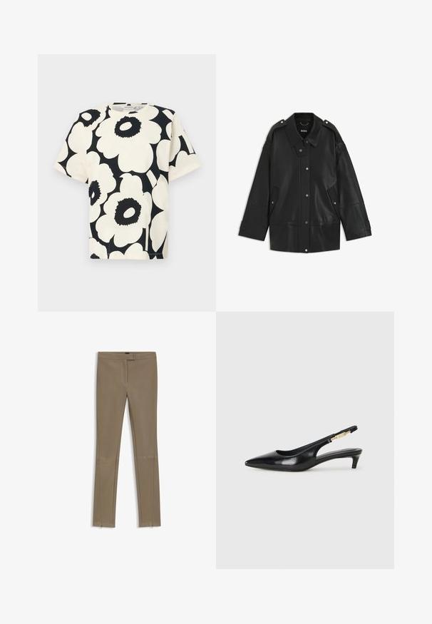 Zwarte leren jack met een brede kraag, drukknoopsluiting en zijvakken. Details zijn onder andere schouderepauletten en zichtbare stiksels.; Korte mouw t-shirt in crème met groot zwart bloemenpatroon, ronde hals en relaxte pasvorm, gemaakt van zacht katoen.; Beige stretchbroek met een slanke pasvorm, met een gladde textuur, ritssluitingen op de enkels en een mid-rise tailleband.; Zwarte leren slingback hakken met een spitse neus, voorzien van een slanke hak en een goudkleurige accent op de verstelbare band. Gladde textuur.