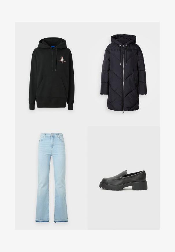 Musternahast mustra, kapuutsiga must pufferjakk, millel on tõmblukk ja nurkadega tikand. Materjal on sile ja läikiv.; Must kuna kapuutsiga dressipluus, millel on ees tasku. Rinnal on värvikas tikand. Valmistatud pehmest, tekstureeritud kangast.; Heledad helesinised teksad, mis on valmistatud denimist, kõrge vöökohaga, esikottidega ning toore äärtega sääreosas, et luua lõdvestunud välimus.; Mustad nahast loafers ümarate varvastega, paksu tekstuuriga tald ja minimaalsete õmbluse detailidega. Viimistletud disain, kus pole nähtavaid paelu ega riistu.