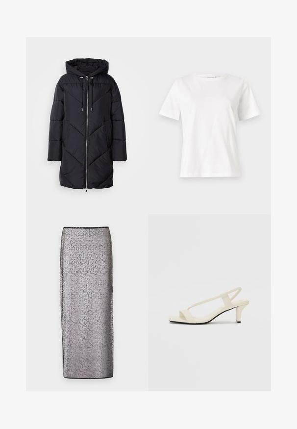Črno zimsko jakno s kapuco, ki ima zadrgo in kotno prešito vzorčenje. Material ima gladko, sijočo teksturo.; Bela bombažna majica s kratkimi rokavi, okroglo izrezana in ohlapnega kroja. Gladka tekstura, brez vzorcev ali dodatkov, minimalističen dizajn.; Dolga, prilegajoča krila iz prozorne srebrne tkanine z diskretnim vzorcem in bleščečimi poudarki. Ima črn pas in rob.; Bež sandale z blok peto, tankimi trakovi in kvadratnim prstom. Gladek material z minimalnim okrasjem, zasnovan za enostavno nošenje.