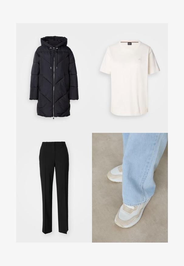 Mustat puffatakki, jossa on huppu, vetoketjukiinnitys ja kulmikas tikattu kuvio. Materiaali on sileä ja kiiltävä.; Valkoinen puuvillainen t-paita, jossa on lyhyet hihat, pyöreä kaula-aukko ja pieni logo rinnassa. Sileä pinta ja suora helma.; Mustat räätälöidyt housut suoraa lahjetta, joissa on sileä pinta ja terävät taitteet edessä. Ei näkyvää metalliosaa.; Beige ja valkoinen lenkkarit, joissa on verkkokangas ja mokkatakki, pyöreä kärki ja kumipohja, yhdistettynä vaaleansinisiin farkkuihin.