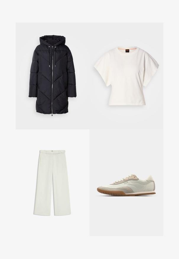 Black puffer coat with a hood, featuring a zip closure and angular quilted pattern. The material has a smooth, glossy texture.; White cropped T-shirt, short wide sleeves, soft cotton material, round neckline with subtle orange trim, minimal design, no patterns or graphics.; Wide-leg pants in light cream fabric, featuring side pockets, a flat front, and a single button closure at the waist. Smooth texture.; White and beige sneaker featuring a smooth upper with suede accents, a textured sole, and tonal stitching. Lace-up closure with logo detail.