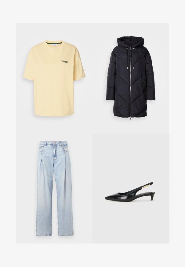 Geacă puf neagră cu glugă, având închidere cu fermoar și un model cusut unghiular. Materialul are o textură netedă și lucioasă.; Tricou galben din bumbac, cu o croială lejeră, mâneci scurte și un logo brodat verde pe pieptul din stânga. Textură netedă, decolteu rotund.; Jeans din denim albastru deschis cu talie înaltă, croială evazată, două buzunare laterale și un design pliat. Textură moale cu un finisaj decolorat.; Sandale slingback din piele neagră cu vârf ascuțit, având un toc subțire și un accent de culoare aurie pe curea ajustabilă. Textură netedă.