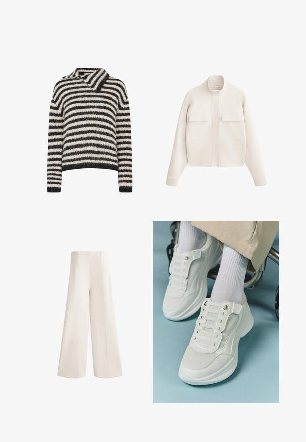 Off-white jacket made of soft fabric, featuring a high neck, two front pockets, and ribbed cuffs for a structured, modern silhouette.; Striped sweater featuring a collared neckline. Made of a soft, textured fabric in dark gray and cream stripes. Relaxed fit with long sleeves.; Wide-leg trousers in a soft cream fabric. Features a high waist, straight cuts, and prominent stitching along the seams. No pockets visible.; White sneakers featuring a mesh material, rubber sole, lace-free design with elastic bands, and gold-toned accents.