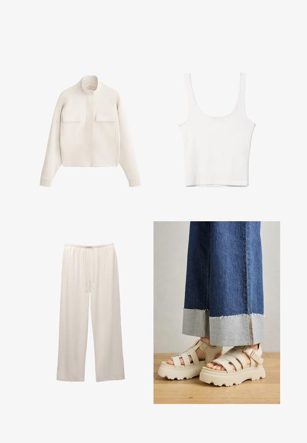 Harmaasta väriä oleva takki, joka on valmistettu pehmeästä kankaasta, ja siinä on korkea kaulus, kaksi etutaskua sekä ribbed hihansuut, jotka luovat rakenteellisen ja modernin siluetin.; Valkoinen puuvillainen hihaton toppi, jossa on pyöristetty pääntie, ei hihoja ja vartalonmyötäinen muoto. Sileä pinta, yksinkertainen muotoilu ja vähäiset ompeluyksityiskohdat.; Vaaleanväriset, leveälahkeiset housut, jotka on valmistettu pehmeästä kankaasta. Housuissa on joustava vyötärö ja säädettävä nyöri mukavuutta varten.; Beige platform-sandaalit paksuilla pohjilla, joissa on hihnallinen muotoilu ja säädettävät nilkkahihnat. Yhdistettyinä leveälahkeisiin farkkuihin, joiden yksi helma on revitty.