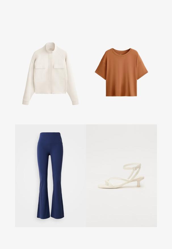 Jachetă alb-crem dintr-un material moale, cu guler înalt, două buzunare frontale și mansete ribbed pentru o siluetă modernă, structurat.; Tricou cu mânecă scurtă, de tip boxy, într-o culoare ruginie. Fabricat dintr-un material neted, cu un decolteu larg și un croi lejer, având un tiv curat.; Colanți evazați de culoare albastru marin cu talie înaltă, dintr-un material elastic, cu o textură netedă și un accent subtil al logo-ului pe banda taliei.; Sandalie străpunse de culoare fildeș, cu toc bloc jos. Fabricate dintr-un material neted, cu curele subțiri și închidere prin cataramă în jurul gleznei.