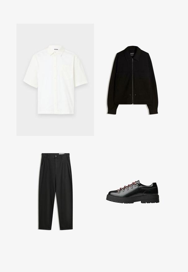 Schwarze Kapuzenjacke mit Reißverschluss, einem Kragen, zwei Fronttaschen und langen Ärmeln. Hergestellt aus einem strukturierten Stoff mit einem formvollen Design.; Kurzärmliges, knöpfbares Hemd aus elfenbeinfarbenem Baumwollmaterial. Verfügt über einen Kragen und eine Brusttasche auf der linken Seite mit einem schlichten Design und weicher Textur.; Schwarze Baumwollhose mit lockerem Schnitt, ausgestattet mit einem klassischen Bund, vorderen Falten und Seiten taschen. Glatte Textur ohne Muster.; Schwarzer Lederschnürschuh für Wanderungen mit roten und weißen Schnürsenkeln, großen Ösen und einer groben, profilierten Sohle für Grip und Stabilität.