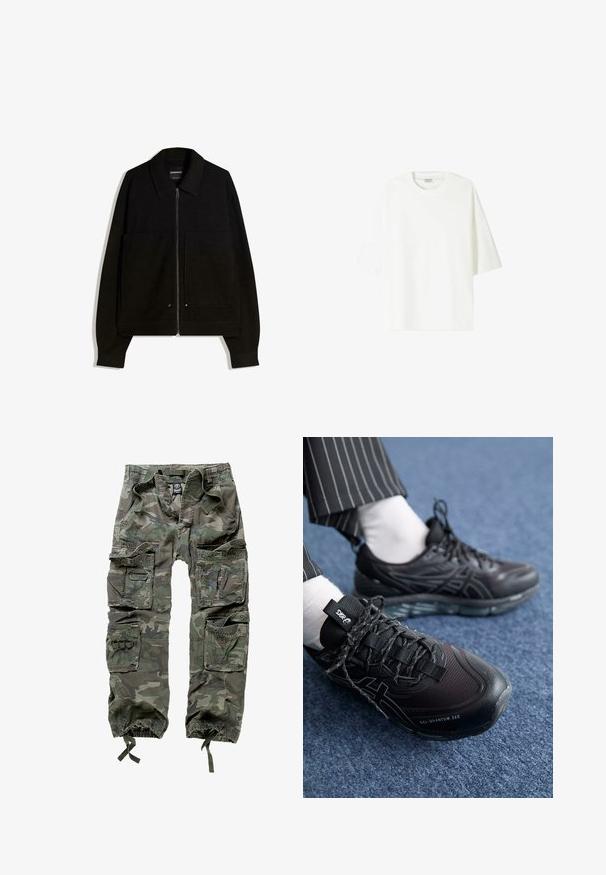Čierna bundová mikina so zipsom a golierom, dvoma prednými vreckami a dlhými rukávmi. Vyrobená z textúrovanej látky so štruktúrovaným dizajnom.; Biele tričko s krátkym rukávom vyrobené z bavlny, s okrúhlym výstrihom a voľným strihom s rovnou spodnou lemovaním.; Maskovacie cargo nohavice z bavlny, s viacerými vreckami, elastickými manžetami a voľným strihom s elastickým pásom.; Čierne atletické topánky s textúrovaným zvrškom a tmavými šnúrkami. Majú priehľadnú gélovú podrážku. Nosené s bielymi ponožkami a pásikovými nohavicami.