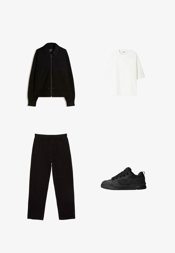 Jachetă neagră cu fermoar și guler, cu două buzunare frontale și mâneci lungi. Realizată dintr-un material texturat cu un design structurat.; Tricou alb cu mânecă scurtă, fabricat din bumbac, cu guler tip crew și o croială lejeră, având o tivă dreaptă.; Pantaloni de trening negri din bumbac, cu talie elastică, picioare drepte și fără buzunare sau ornamentații vizibile.; Adidași negri cu un lateral texturat, având șireturi, accente din plasă pentru respirabilitate, guler căptușit și o talpă rezistentă.