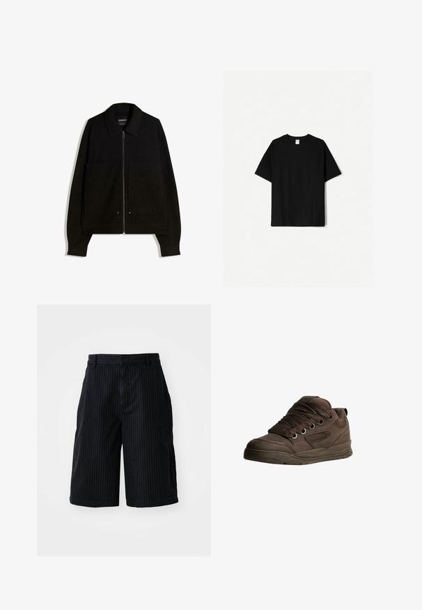 Svart zip-up jacka med krage, två framfickor och långa ärmar. Tillverkad av ett texturerat tyg med en strukturerad design.; Svart bomulls-t-shirt med korta ärmar, rund halsringning och avslappnad passform. Har en enfärgad design utan mönster eller detaljer.; BDG Urban Outfitters STRIPED WORKER - Jeansshorts - black; Bruna sportskor gjorda av slät syntetiskt material. Har tjocka snören, meshlinjer, vadderad krage och texturerad gummisula.