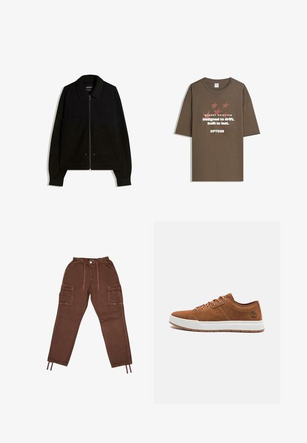 Musta vetoketjullinen takki, jossa on kaulus, kaksi etutaskua ja pitkät hihat. Valmistettu tekstuuristetusta kankaasta, jossa on jämäkkä muotoilu.; Ruskea puuvillainen T-paita lyhyillä hihoilla, jossa on graafista tekstiä ja tähtiä kontrastiväreissä. Suora leikkaus ja pyöreä kaula-aukko.; Ruskeat cargo-housut, joissa on joustava vyötärönauha, kaksi suurta sivutaskua, kiristysnyörillä säädettävät lahkeensuut ja sileä pinta. Ominaisuuksiin kuuluu napillinen kiinnitys.; Ruske mokasine iz nubuk kože sa bijelim gumiranim đonom, okruglim prstom, šest metalnih rupica za vezivanje i ugraviranim logom na strani. Klasičan dizajn sa vezicama.