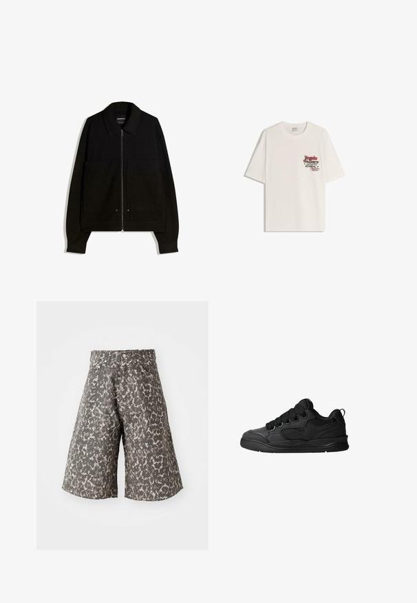 Giacca nera con zip e colletto, due tasche frontali e maniche lunghe. Realizzata in un tessuto testurizzato con un design strutturato.; T-shirt in cotone bianco a maniche corte, con scollatura rotonda. Presenta una grafica stampata in rosso e nero nella zona sinistra del petto.; Shorts con stampa camouflage in tonalità di grigio e beige. Realizzati in tessuto testurizzato, presentano un classico design a cinque tasche e chiusura con bottone in metallo.; Sneakers neri con una tomaia testurizzata, dotati di lacci, accenti in mesh per la traspirabilità, colletto imbottito e suola robusta.