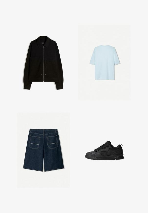 Čierna bundová mikina so zipsom a golierom, dvoma prednými vreckami a dlhými rukávmi. Vyrobená z textúrovanej látky so štruktúrovaným dizajnom.; Svetlomodré bavlnené tričko s okrúhlym výstrihom, krátkymi rukávmi a jednoduchým dizajnom na chrbte, ktorý má malý horizontálny šev.; Tmavomodré riflové šortky s voľným strihom, ktoré majú dva zadné vrecká s kontrastným šitím. Rovný strih a dĺžka po kolená.; Čierne tenisky s textúrovaným zvrškom, s šnúrkami, sieťovinovými akcentmi pre priedušnosť, polstrovaným golierom a pevnou podošvou.