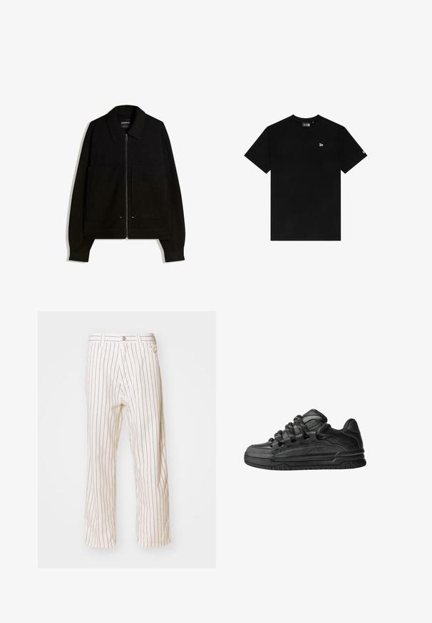 Crna jakna na zip s ovratnikom, dva prednja džepa i dugim rukavima. Izrađena od teksturiranog materijala s strukturiranim dizajnom.; Crna pamučna majica s okruglim izrezom, kratkim rukavima, sa malim bijelim logotipom na lijevoj strani prsnog područja i bez dodatnih uzoraka ili ukrasa.; Bež prugaste hlače opuštenog kroja, s verticalnim smeškim prugama, prednjim dugmetom za zatvaranje i bočnim džepovima.; Crne tenisice s glatkom kožnom gornjom površinom, teksturiranim detaljima i okruglim crnim i bijelim vezicama. Debeli gumeni potplat s uzorkom.