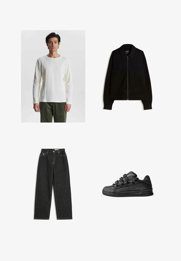 Black zip-up jacket with a collar, two front pockets, and long sleeves. Made from a textured fabric with a structured design.; White long-sleeve ribbed top with a round neckline, featuring a textured pattern and fitted sleeves, paired with olive green pants.; Black straight-leg jeans with white stitching, five-pocket design, button and zipper closure, and a small logo on the front right pocket.; Black sneakers with a smooth leather upper, textured accents, and round black and white laces. Thick rubber sole with a patterned tread.