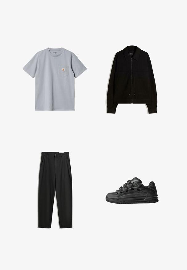 Černá zipovací bunda s límcem, dvěma předními kapsami a dlouhými rukávy. Vyrobena z texturované tkaniny se strukturovaným designem.; Šedé bavlněné tričko s krátkými rukávy, kulatým výstřihem a kapsou na prsou, která obsahuje malou oranžovou nášivku. Hladká textura, ležérní design.; Černé bavlněné kalhoty s uvolněným střihem, klasickým pasem, předními záhyby a bočními kapsami. Hladká textura bez vzorů.; Černé tenisky s hladkým koženým svrškem, texturovanými akcenty a kulatými černobílými tkaničkami. Silná gumová podrážka s vzorovaným dezénem.