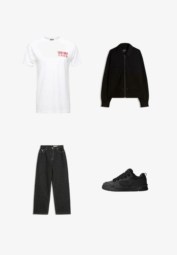 Črna jakna na zadrgo s ovratnikom, dvema sprednjima žepoma in dolgimi rokavi. Narejena iz teksturirane tkanine s strukturirano zasnovo.; Bela bomba majica s kratkimi rokavi, ki vsebuje rdeče tiskano besedilo na levem prsnem delu, ki pravi "SAMI GOTOVINA" in njeno kitajsko različico.; Črne ravne hlače iz jeansa z belim šivanjem, zasnova s petimi žepi, zapiranje na gumb in zadrgo, ter majhna logotip na sprednjem desnem žepu.; Črne superge z teksturiranim zgornjim delom, opremljene z vezalkami, mrežastimi dodatki za zračnost, oblazinjenim ovratnikom in trdnim podplatom.