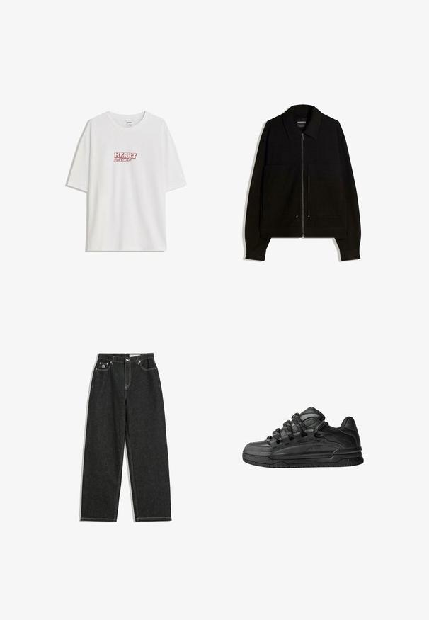 Jachetă neagră cu fermoar și guler, cu două buzunare frontale și mâneci lungi. Realizată dintr-un material texturat cu un design structurat.; Tricou alb din bumbac cu o croială lejeră, având inscripția roșie "HEART struck" centrată pe piept. Mâneci scurte și guler rotund.; Jeanși negri cu picioare drepte, cusături albe, design cu cinci buzunare, închidere cu nasture și fermoar, și un mic logo pe buzunarul din dreapta față.; Adidași negri cu o parte superioară din piele netedă, accente texturate și șireturi rotunde negre și albe. Talpă groasă din cauciuc cu un profil texturat.