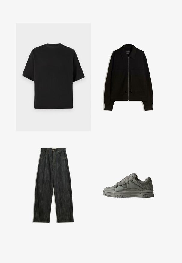 Sort zip-jakke med krave, to forlommer og lange ærmer. Lavet af et struktureret stof med tekstur.; Sort T-shirt med kortærmer i løs pasform, lavet af glat bomuld, med rund halsudskæring og minimalistisk design.; Mørke denim jeans med en løs pasform, med subtil lodret tekstur, gule sømme, fem lommer og en klassisk knaplukning.; Grå atletisk sko med struktureret læder og mesh-overdel, tyk gummisål og fremtrædende polstret tunge og sider. Snørebånd og sidelogo inkluderet.