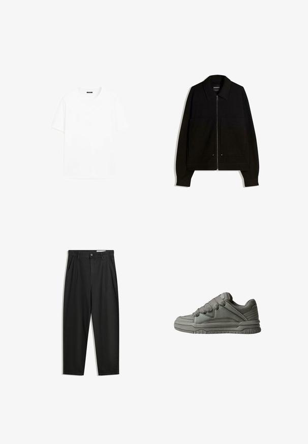 Giacca nera con zip e colletto, due tasche frontali e maniche lunghe. Realizzata in un tessuto testurizzato con un design strutturato.; T-shirt bianco in cotone con maniche corte, scollatura tonda e linea dritta. Texture liscia senza motivi o dettagli visibili.; Pantaloni in cotone neri con una vestibilità rilassata, dotati di una vita classica, pieghe frontali e tasche laterali. Tessuto liscio senza fantasie.; Scarpa sportiva grigia con tomaia in pelle testurizzata e rete, suola in gomma spessa e linguetta e lati ben imbottiti. Includono lacci e dettagli laterali.
