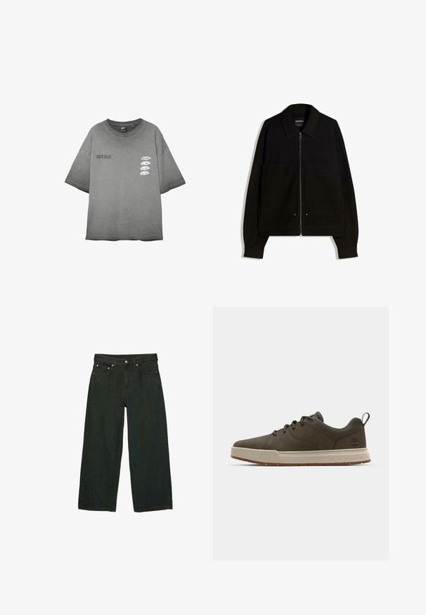 Crna jakna na zip s ovratnikom, dva prednja džepa i dugim rukavima. Izrađena od teksturiranog materijala s strukturiranim dizajnom.; Siva oversized majica s natpisom "PRAVA JA" na lijevoj strani grudnog koša i četiri bijele grafike oka u vertikalnoj liniji na desnoj strani grudnog koša.; Tamnozelene široke traperice izrađene od denima; imaju prednje dugme i patentni zatvarač, pet džepova i suptilne varijacije u teksturi.; Tamnozeleni tenisice s glatkom gornjom, svijetlosmešim međupodnom i gumenom potplatom. Imaju zaobljen vrh i minimalno brendiranje na peti.