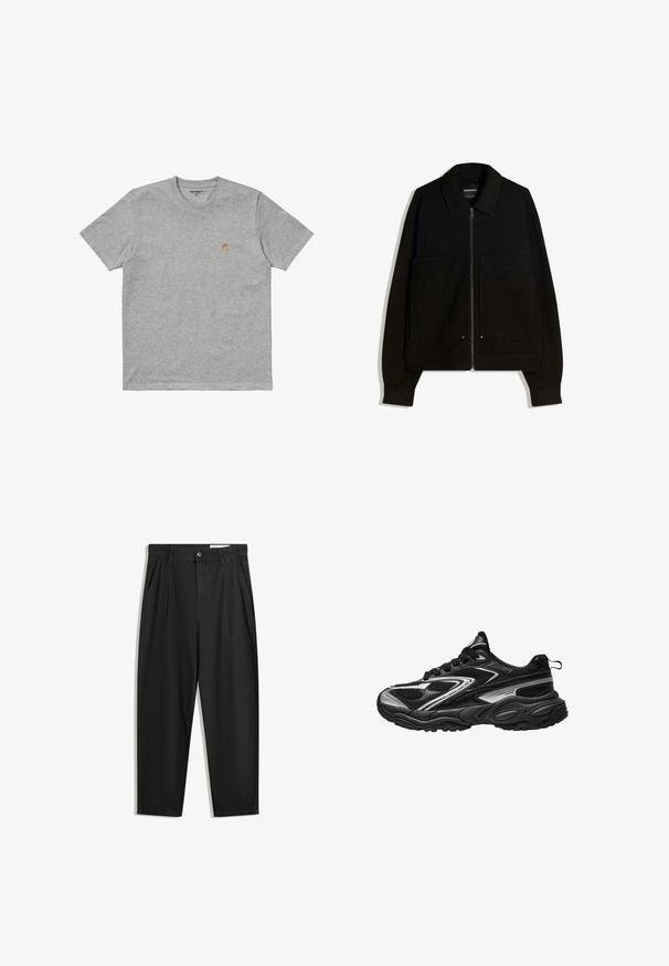 Čierna bundová mikina so zipsom a golierom, dvoma prednými vreckami a dlhými rukávmi. Vyrobená z textúrovanej látky so štruktúrovaným dizajnom.; Carhartt WIP CHASE - Základné tričko - grey; Čierne bavlnené nohavice s voľným strihom, s klasickým pásom, prednými záhybmi a bočnými vreckami. Hladká textúra bez vzorov.; Čierne a strieborné atletické tenisky s textúrovaným sieťovaným zvrškom, elegantným dizajnom a polstrovanou podrážkou. Obsahujú šnúrky a zadný úchyt.