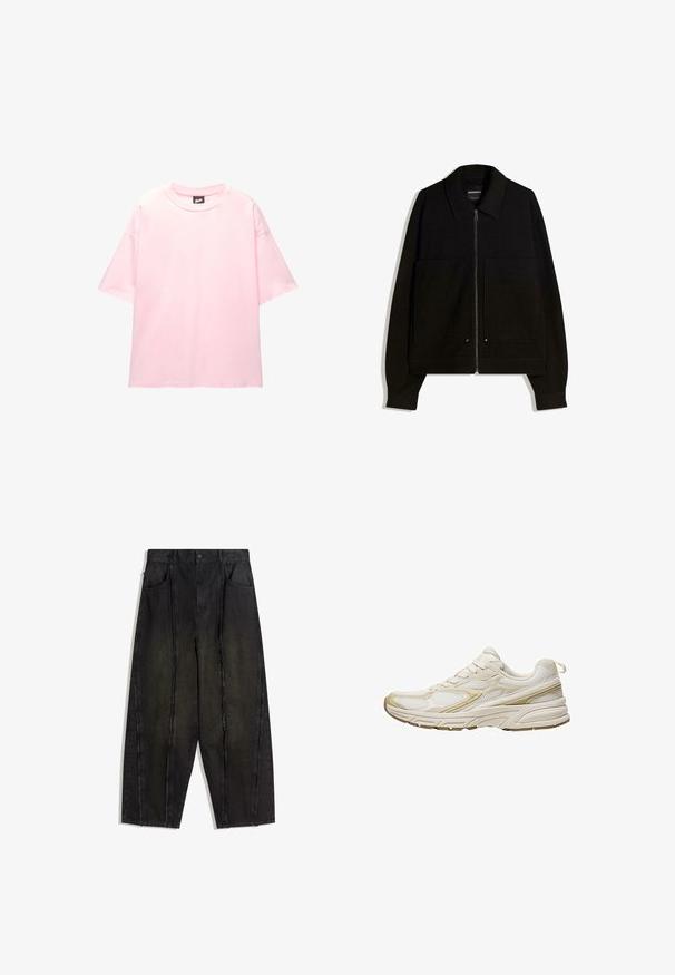 Zwart zip-up jack met een kraag, twee voorzakken en lange mouwen. Gemaakt van een textiele stof met een gestructureerd ontwerp.; Lichtroze oversized t-shirt van katoen met korte mouwen, een ronde hals en witte geborduurde tekst op de voorkant.; Zwarte denim broek met wijde pijpen, zichtbare naden en rafelige randen, met twee voorkozyekken en een hoge taille.; Witte sportieve schoenen van mesh en synthetisch materiaal, met een afgeronde neus, een gevoerde zool en beige accenten aan de zijkanten.