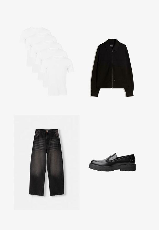 Musta vetoketjullinen takki, jossa on kaulus, kaksi etutaskua ja pitkät hihat. Valmistettu tekstuuristetusta kankaasta, jossa on jämäkkä muotoilu.; Viisi yksinkertaista valkoista lyhythihaista T-paitaa. Puuvillamateriaali, pyöreä kaula-aukko, sileä rakenne ja ilman näkyviä kuvioita tai yksityiskohtia.; Mustat farkut, joissa on leveä lahje ja haalistunut muotoilu, viisi taskua, nappikiinnitys sekä hienovaraiset kulutusviivat etupuolella.; Musta nahkainen loaferi, jossa on paksu urheilupohja ja koristeellinen hihna yläpääkkeellä, esitettynä vasemman sivuprofiilin kuvassa valkoista taustaa vasten.