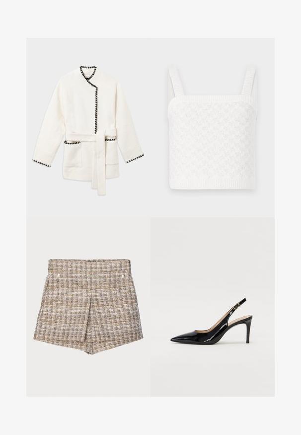 Baltas vonios apsiaustas su juodais apvadais, turintis diržą juosmeniui, ilgomis rankovėmis ir dviem šoninėmis kišenėmis minkšto tekstūruoto audinio.; Baltas megztas trumpas marškinėlis su kvadratiniu iškirpimu, puikuojantis tekstūriniais raštais ir plačiomis ribotomis petnešomis. Minkšta medžiaga su subtiliu blizgesiu.; Rudi raštuoti šortai su tekstūriniu apdailu, turintys du sidabrinius snapus priekyje ir pritaikytą, struktūruotą dizainą.; Juodas lakinės odos slingback batelis su smailiu nosiu, plonu kulnu ir subtiliu išpjovos dizainu. Yra auksinė sagtis ant dirželio.