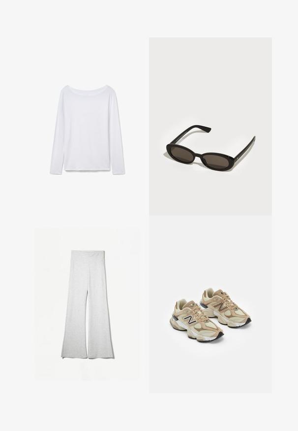 Dlouhý tmavě modrý vlněný kabát s dvojitým zapínáním, přečnívající klopou a opaskem na zavázání. Má manžetové rukávy a strukturovaný střih.; Bílé tričko s dlouhým rukávem a širokým výstřihem, vyrobené z měkké tkaniny. Hladký povrch, rovný lem, bez viditelných doplňků nebo vzorů.; Světlé šedé kalhoty s širokými nohavicemi vyrobené z měkké látky, s vysokým pasem a bočními rozparky pro větší volnost a pohodlí.; Béžové tenisky vyrobené z materiálů síťoviny a semiše. Obsahují černé logo a texturované prvky. Silná bílá mezipodešev a černá gumová podrážka.; Černé sluneční brýle s oválnými, polorámovými čočkami. Lesklé rámy a štíhlé nožičky. Tmavě zabarvené čočky s minimem kovových detailů.