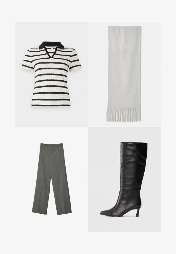 Pitkä tummansininen villatakki, jossa on kaksirivinen etuosa, suurikokoinen lovikaulus ja itsesidottava vyö. Sisältää hihna-aukkoja ja jämäkän muodon.; Vaaleanvalkoinen lyhythihainen paita, jossa on mustia vaakaraitoja ja musta polo-kaulus. V-mallinen muotoilu, jossa on ribbitekstuuri.; Harmaat leveälahkeiset housut, jotka on valmistettu tekstuuripaikkakankaasta. Niissä on etu kohtaus ja kaksi taskua, sekä yksi etupainonappikiinnitys.; Mustat nahkaiset polvipituiset saappaat, joissa on terävä varvas ja kapea korko. Liukas pinta, saumatonta muotoilua ja kiiltävä viimeistely.; Harmaa huivi, joka on valmistettu pehmeästä materiaalista, ja jonka päissä on hapsut. Huivilla on suorakulmainen muoto ja sileä pinta.; Mustat nahkainen kassi, jossa on kaksi pitkää kahvaa, sileä pinta ja pehmeä siluetti. Ei näkyvää metalliosaa tai kuvioita.